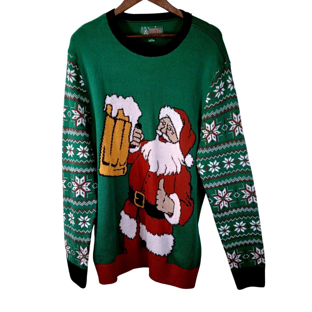 Ugly Christmas Sweater Mens Large Santa‎ Beer Drink Christmas Holiday Knit
